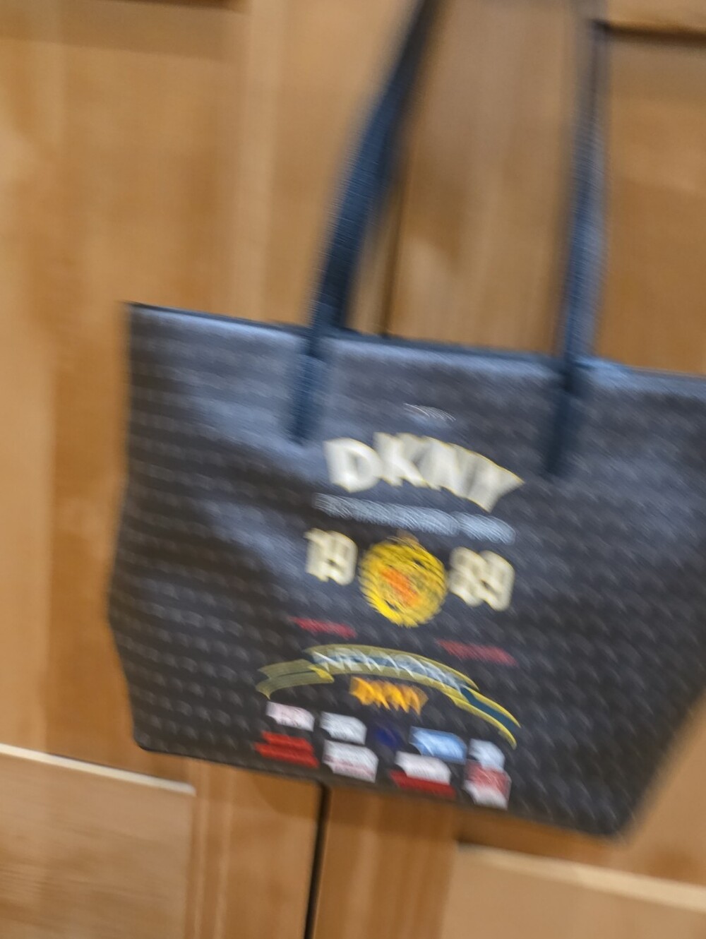 DKNY Navy Tote with Multicolor Logo and Graphic Accents